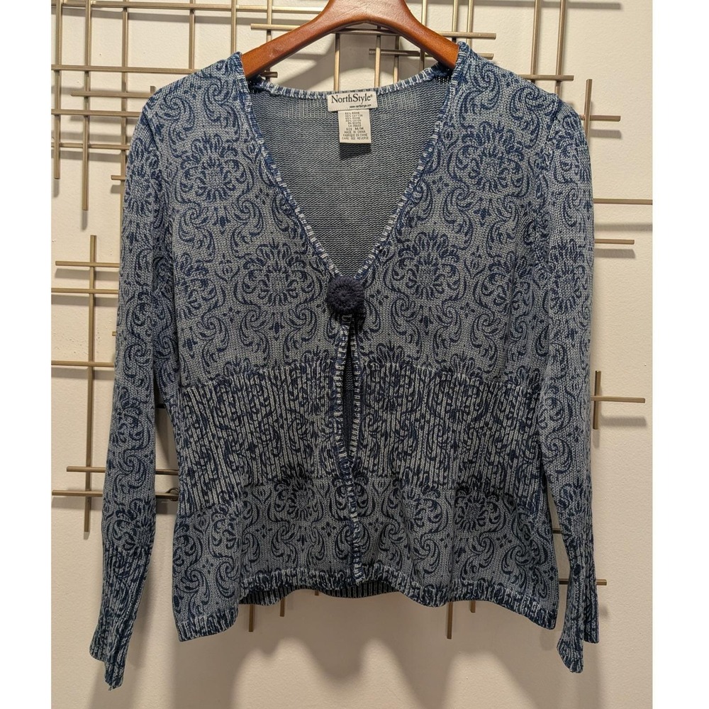 Vtg NorthStyle Cardigan Blue Damask Paisley Knit Single Button Sz M Cottagecore